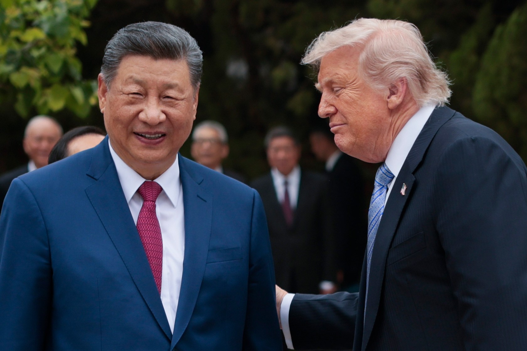 U.S. President Donald Trump speaks with Chinese President Xi Jinping.