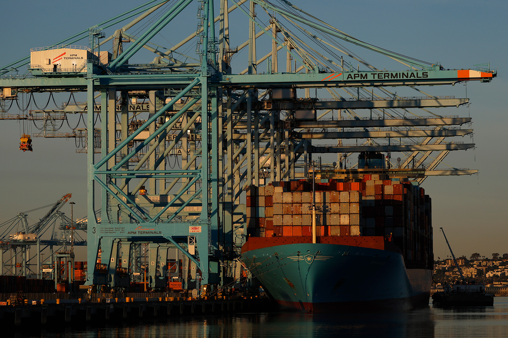 A container ship is seen docked at the Port of Los Angeles.